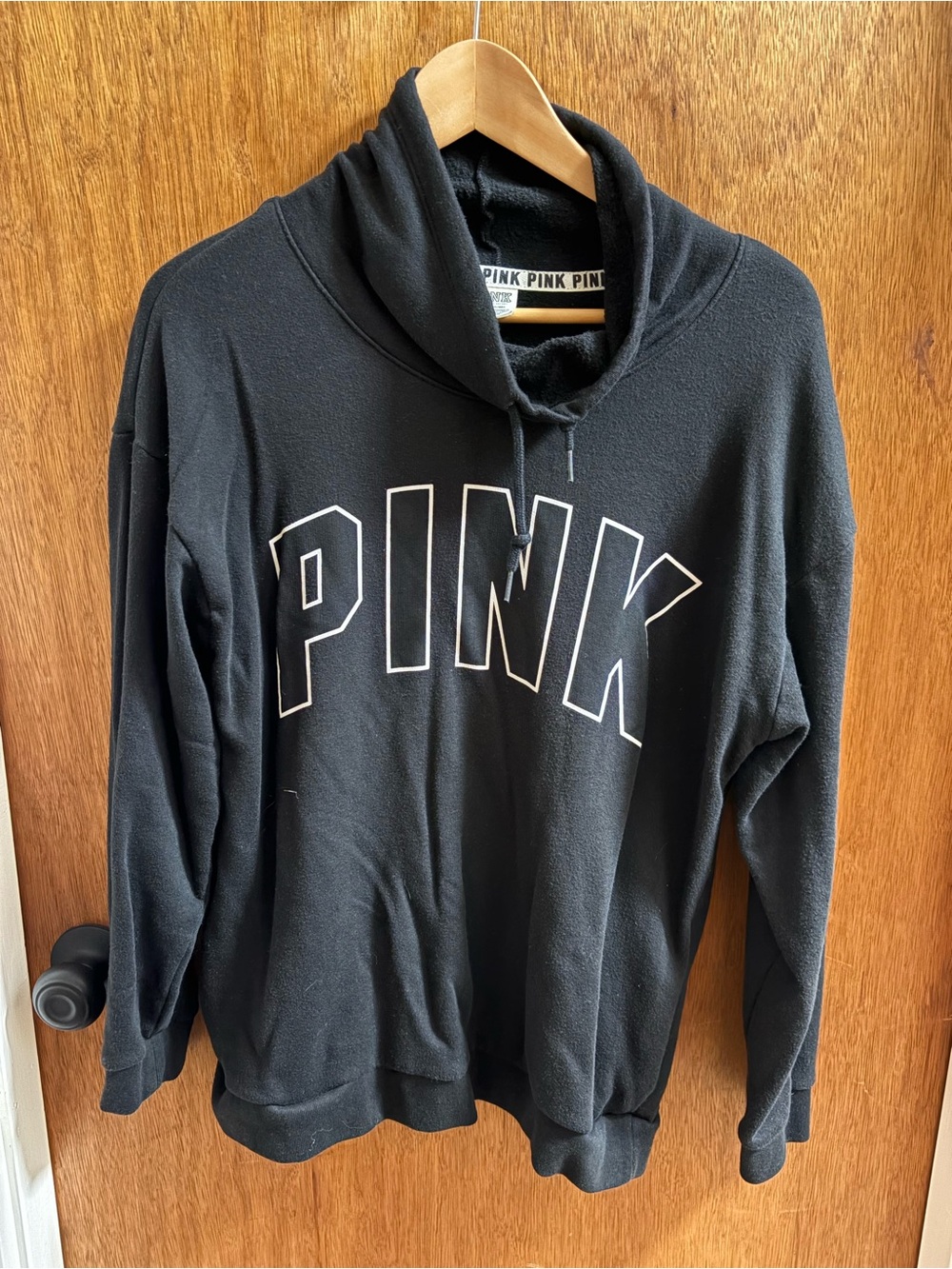 PINK Victoria's Secret Black Funnel Neck Sweatshirt with White Outline Logo